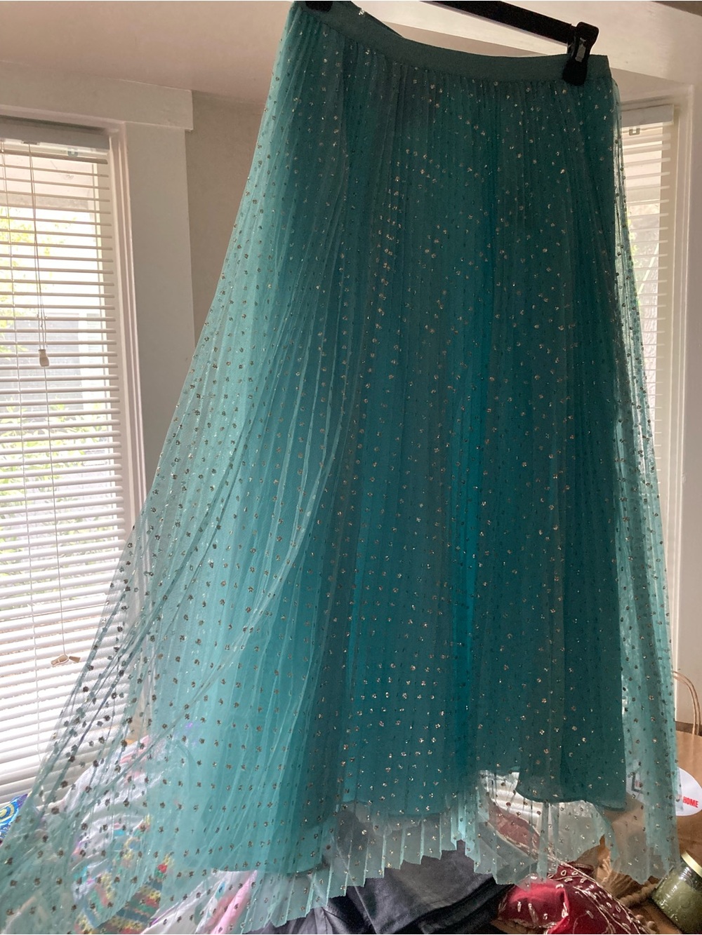 J. Crew Teal Pleated Tulle Skirt with Gold Metallic Dots - Picture 4 of 5